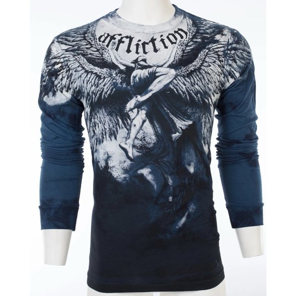AFFLICTION Men's T-Shirt Long Sleeve UPWARD Wings Tattoo Biker Blue - Picture 4 of 7